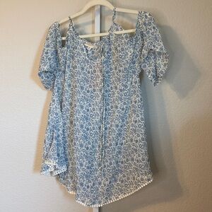 Francescas Floral Cold Shoulder Swimsuit Cover Up Dress Pom Pom Trim M/L